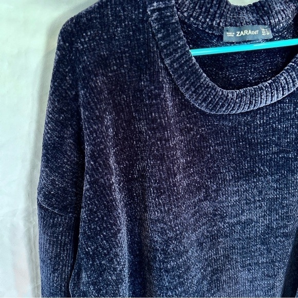 ZARA Dark Navy Blue Knit Chenille Crewneck Sweater Size L - Picture 4 of 4